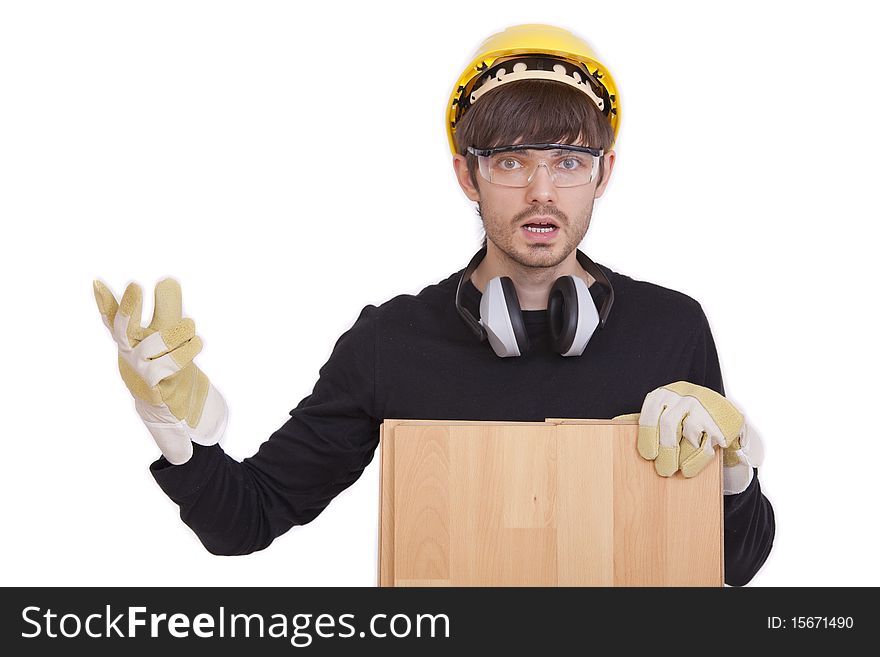 Frustrated manual worker with laminate on white background