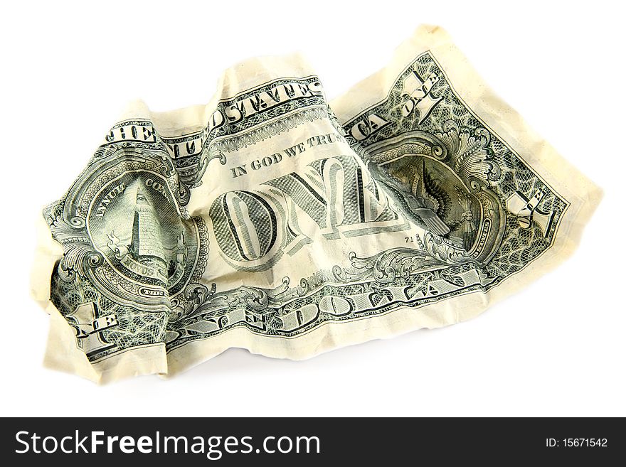 Crumpled one american dollar on white background