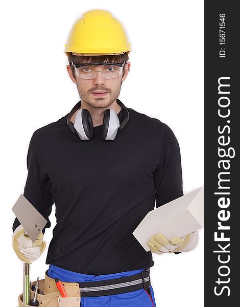 Bricklayer with white brick and spade on white background