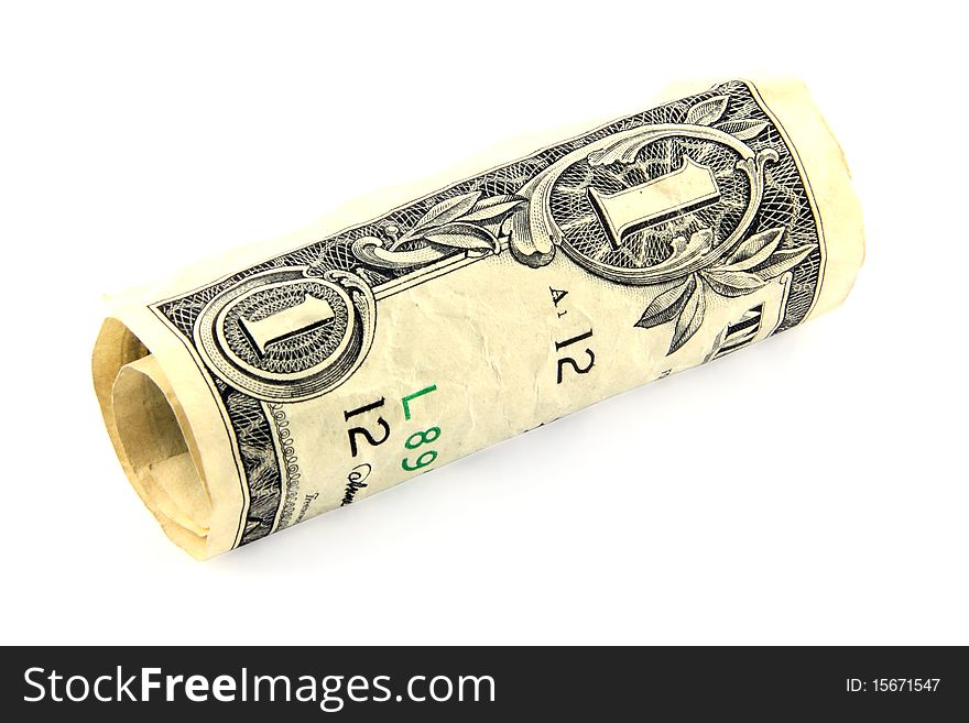 Rolled dollar bill on white; including clipping path