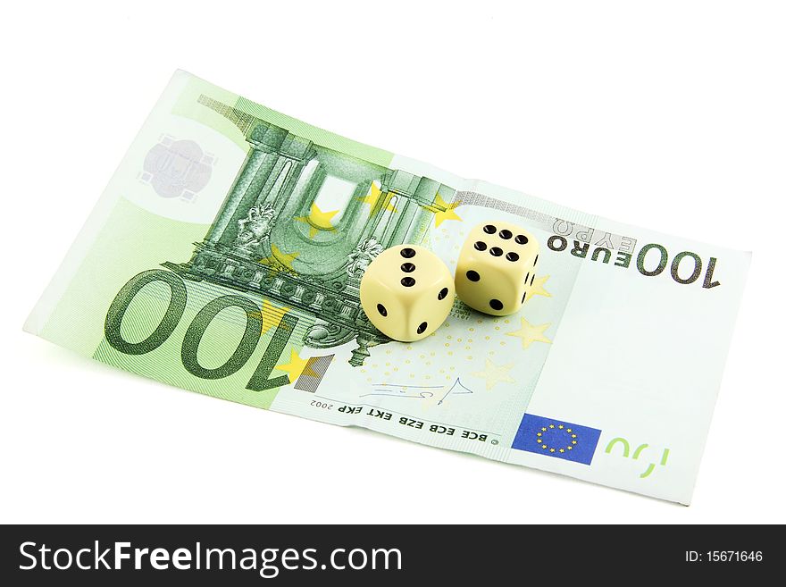 Two dices on a 100 euro banknote. Two dices on a 100 euro banknote