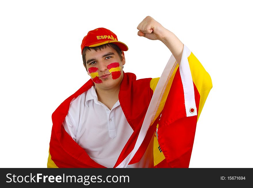 Young spanish soccer fan on white bakcground