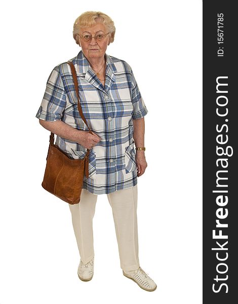 Elderly woman with handbag - isolated on white background