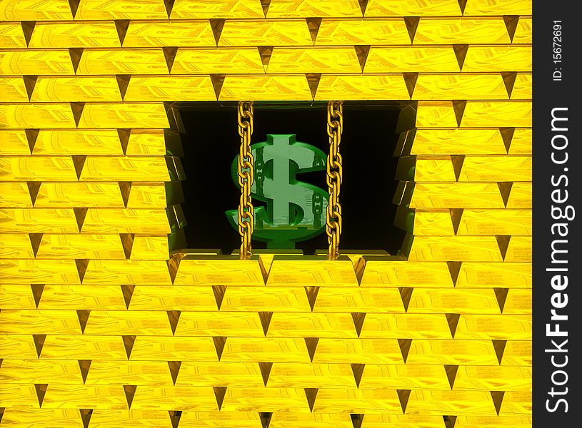 Green sign dollar in cage from gold bricks and chains. Green sign dollar in cage from gold bricks and chains