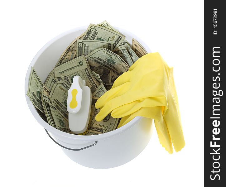 US Currency Twenty Dollar Bills in White Cleaning Bucket with scrub brush and yellow latex gloves, isolated on white background. US Currency Twenty Dollar Bills in White Cleaning Bucket with scrub brush and yellow latex gloves, isolated on white background.