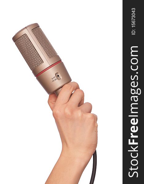 Woman holding big professional microphone for singing. Woman holding big professional microphone for singing