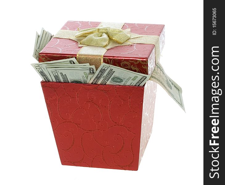 Twenty Dollar Bills Coming out of a Red Gift Box