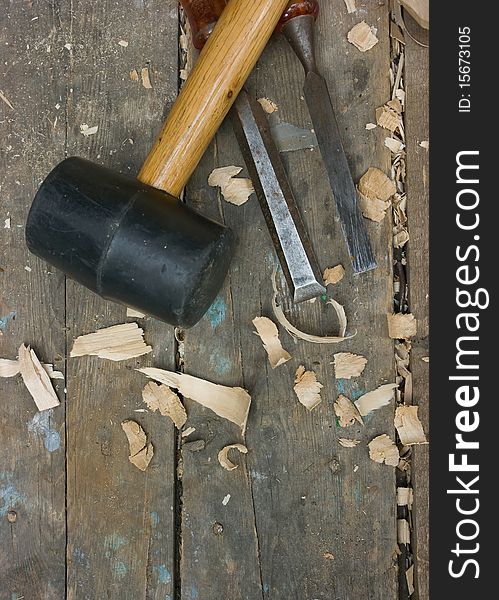 Wood carving tools on the workbench