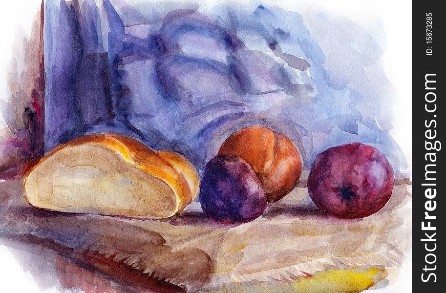 Still life with fruit and half of bread