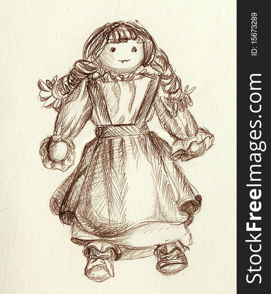 A doll from fabric is drawn a pencil