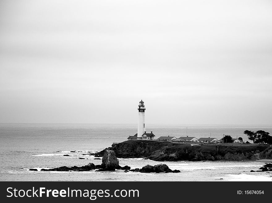 A lighthouse spotted along highway 1 and the coast of California.