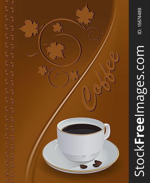Illustration, blanching cup with coffee on brown background