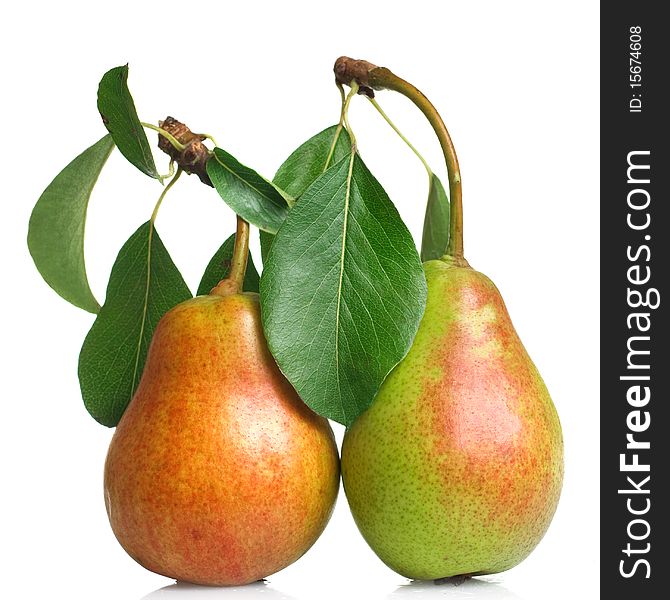 Red pears with leaves isolated on white