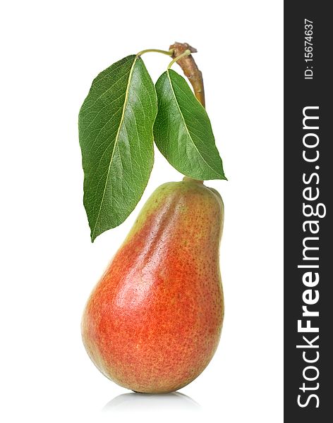 Red pear with leaves isolated