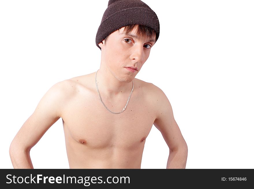 Closeup pensive man in cap,on white background (isolated)