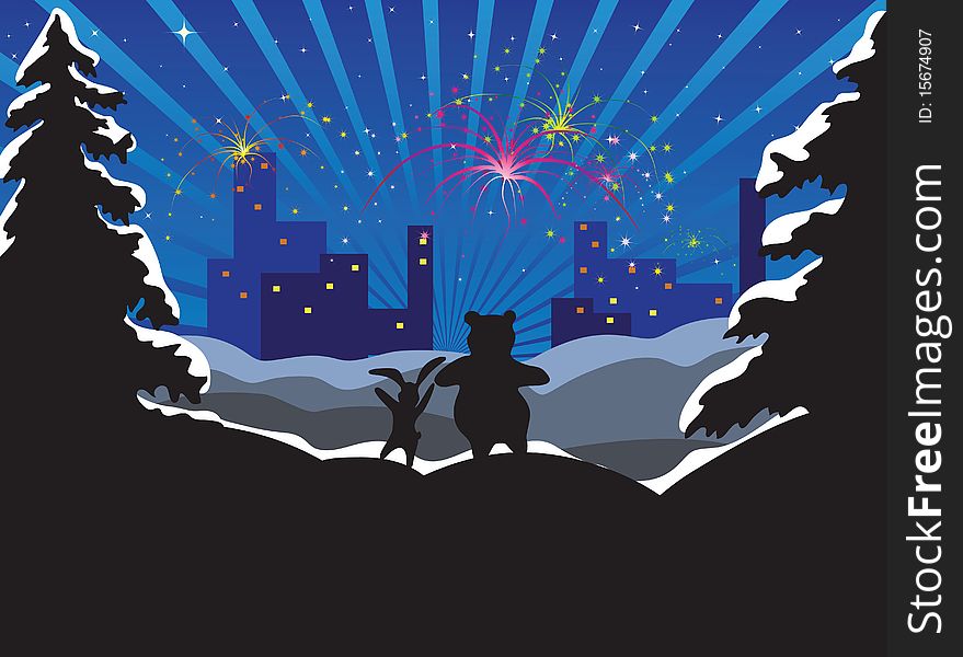Illustration rabbit and bear looks at a city and fireworks