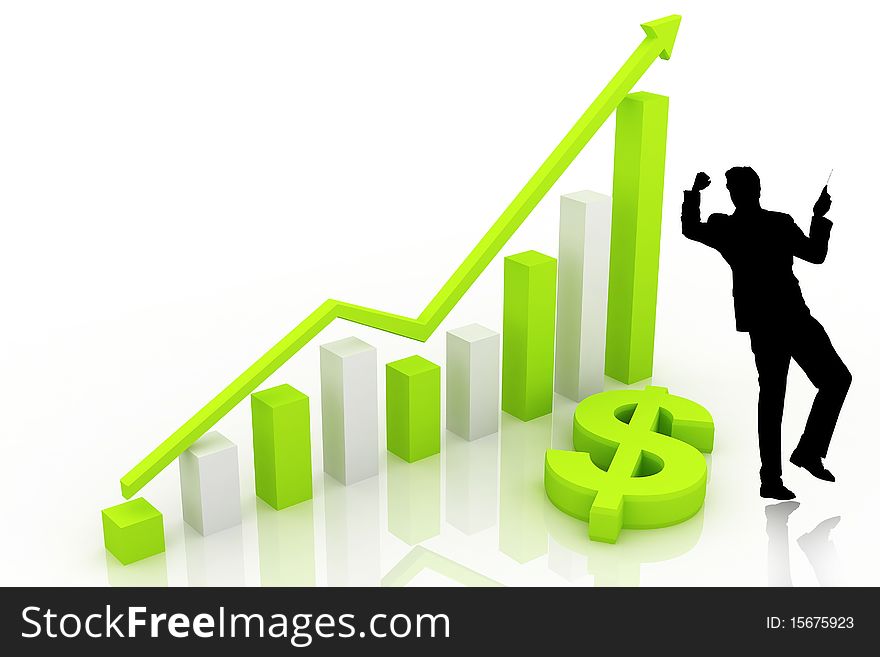 3d yellow graph and business man showing rise in green color background. 3d yellow graph and business man showing rise in green color background
