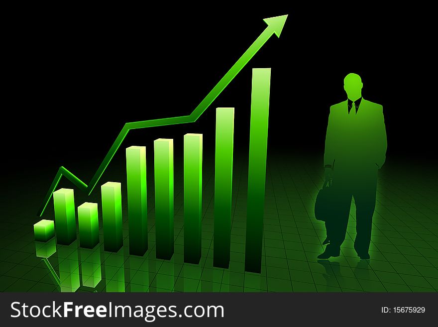 3d yellow graph and business man showing rise in green color background. 3d yellow graph and business man showing rise in green color background