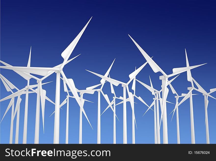 Modern white wind turbines or wind mills producing energy to power a city