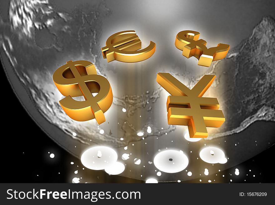 Digital illustration of  world and world currency  in color background