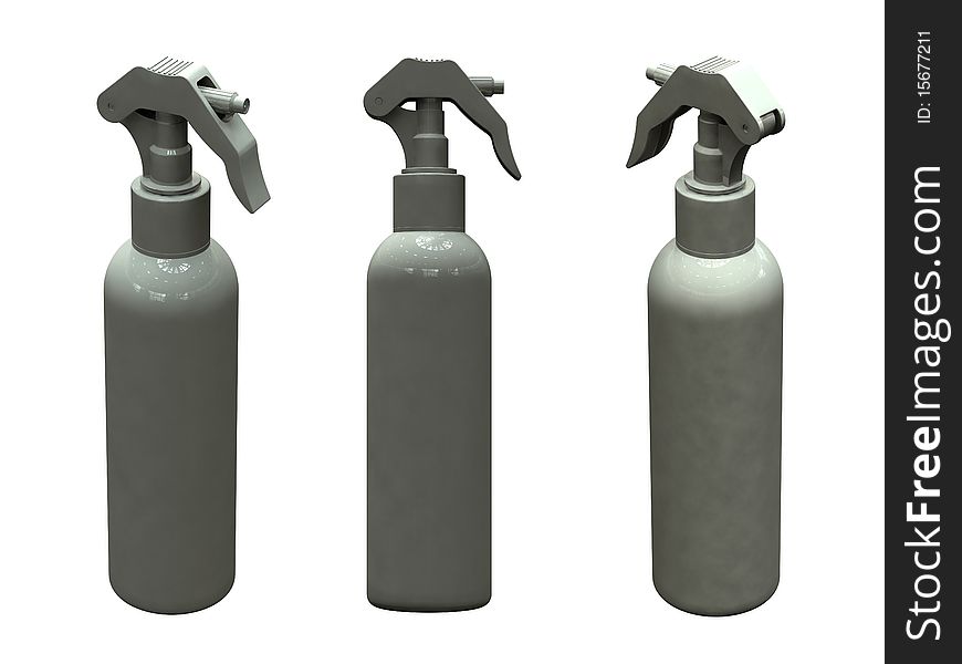 3d renders of a white plastic spray bottle showing side and perspective views isolated on white. 3d renders of a white plastic spray bottle showing side and perspective views isolated on white