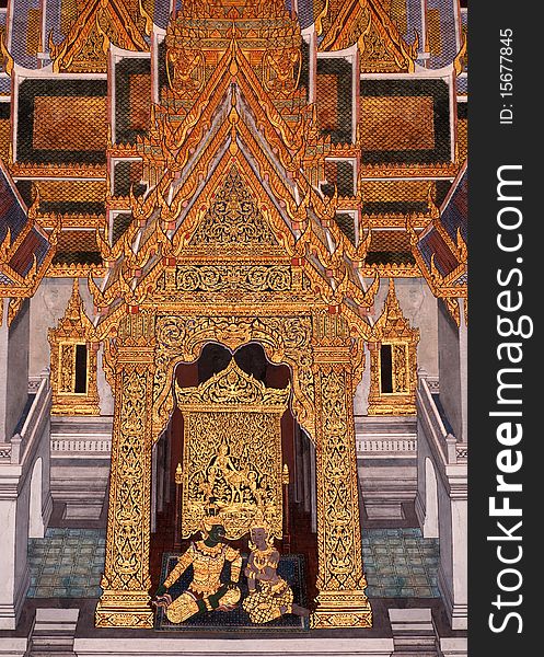 thai traditional painting, ornament and architecture in a famous temple in Bangkok, Thailand. The painting is about family. thai traditional painting, ornament and architecture in a famous temple in Bangkok, Thailand. The painting is about family.