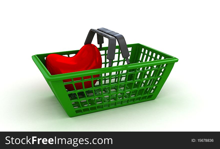 Hear on a shopping basket, conceptual image of shopping lovers. Hear on a shopping basket, conceptual image of shopping lovers