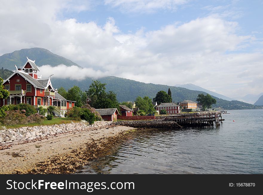 Shore of Sognefjord at Balestrand with typical Norwegian architecture