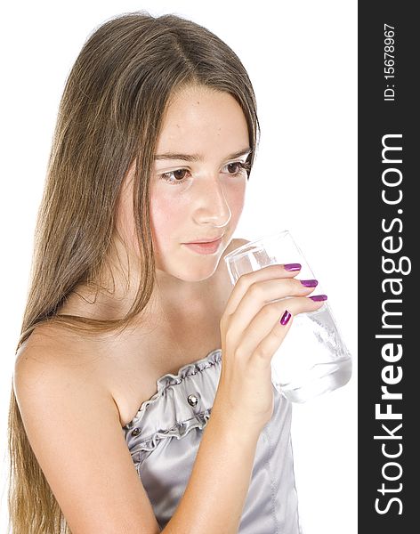Young gril drinking water on white background. Young gril drinking water on white background