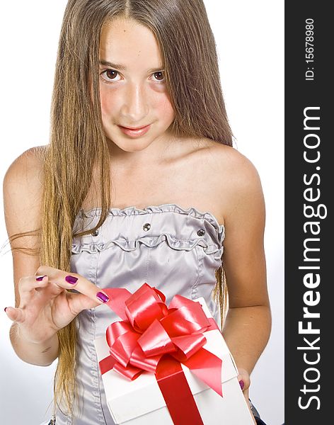 Happy girl with gift box over white