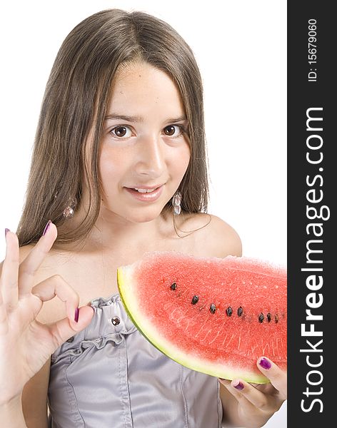 Girl eating Watermelon isolated on white background