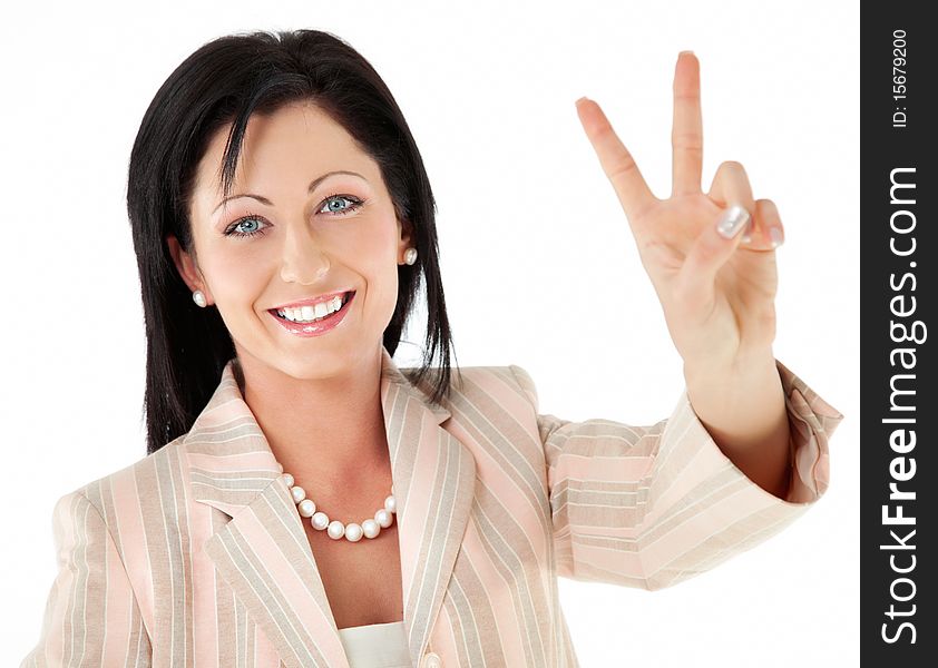 Portrait of happy beautiful businesswoman showing victory sign, isolated. Portrait of happy beautiful businesswoman showing victory sign, isolated