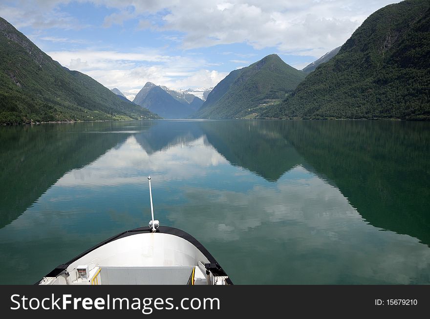 Reflections in Fjaerlandsfjord, Norway, on cruise up the fjord