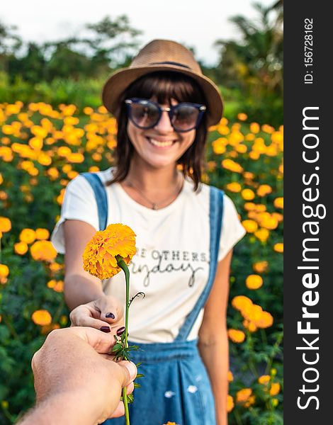 Man gifting a marigold flower to girl on a marigold field. Man hand with yellow flower.