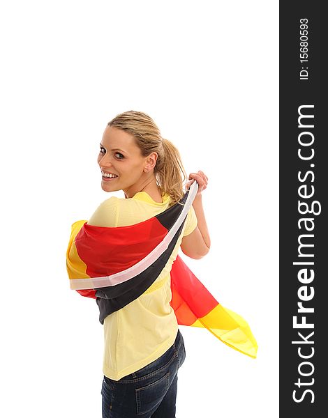 Beautiful blond girl holding a german flag. Beautiful blond girl holding a german flag