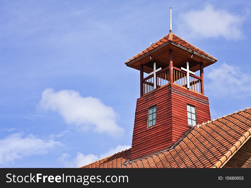 Tower On Old Church Roof In North Of Thailand