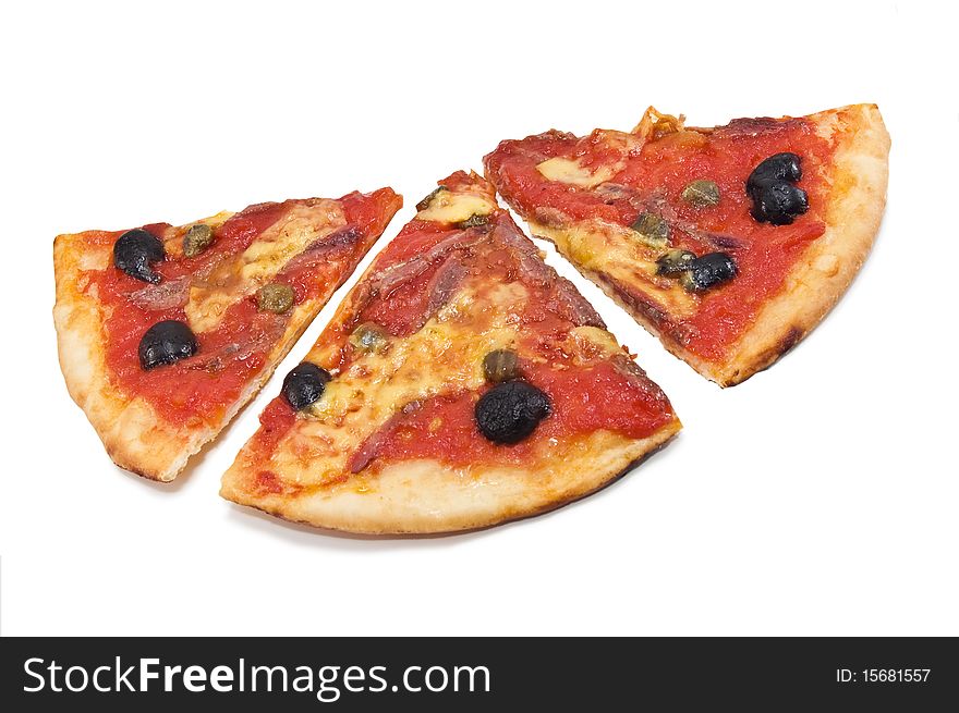 Hree pieces pizza isolated on white