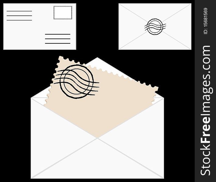 Vector illustration of a blank envelope with post stamp on black background