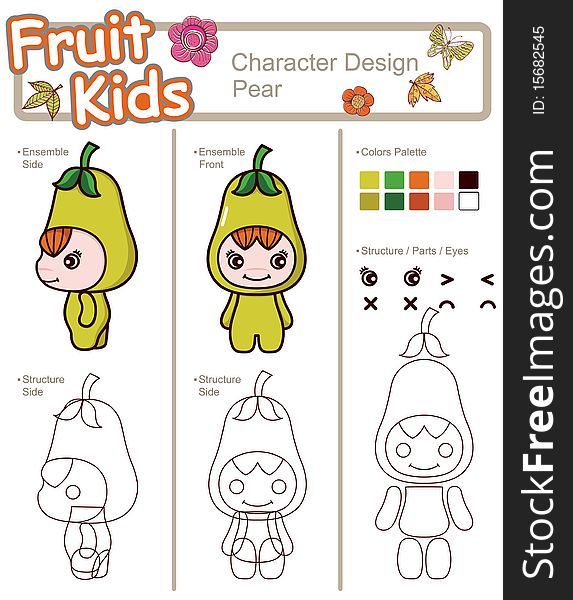 Illustration of fruity dressed baby isolated on white, with color palettes. ------ Pear. Illustration of fruity dressed baby isolated on white, with color palettes. ------ Pear.