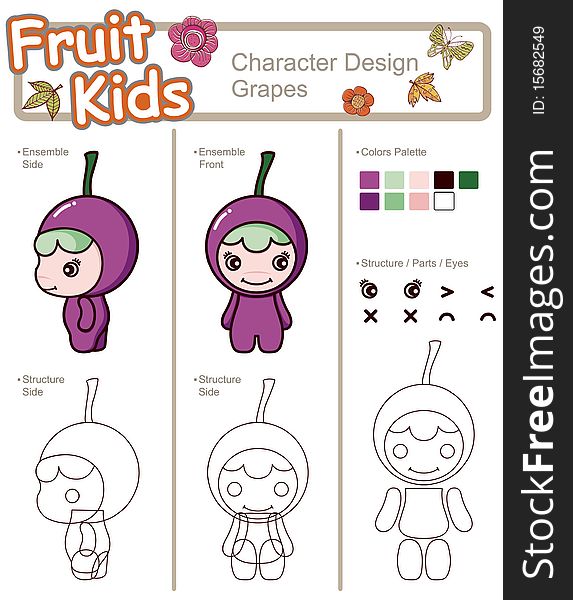 Illustration of fruity dressed baby isolated on white, with color palettes. ------ Grape. Illustration of fruity dressed baby isolated on white, with color palettes. ------ Grape.