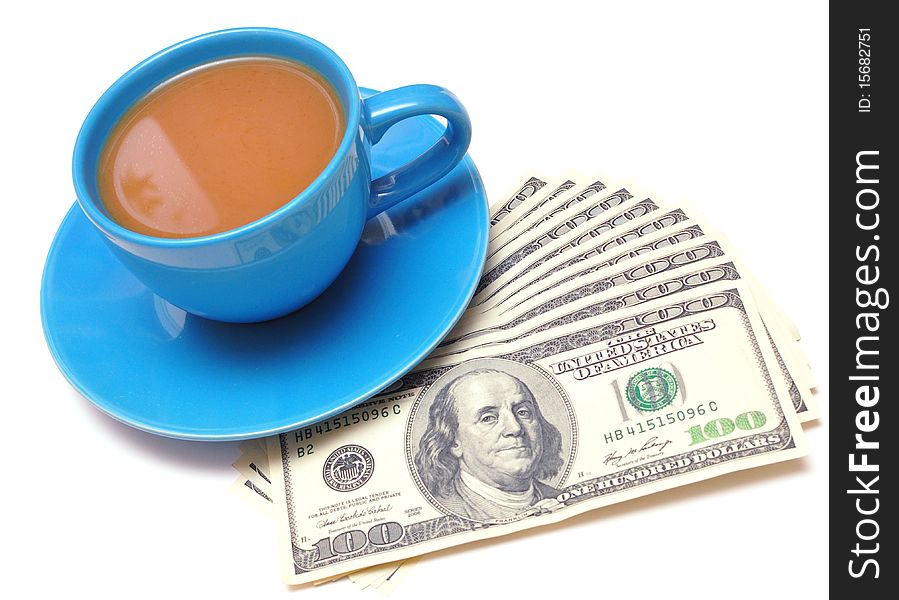 Blue cup with coffe and dollars isolated on white background