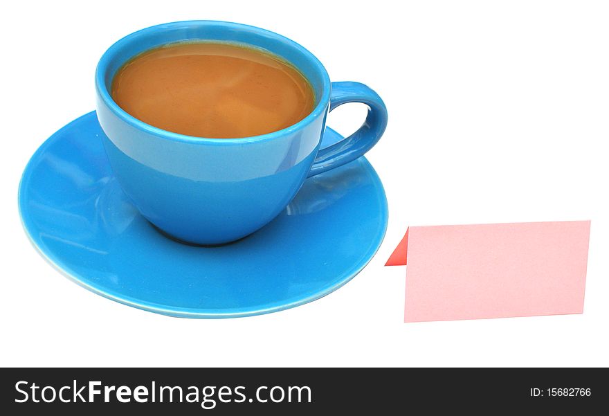 Sticky note sticking on coffee cup on white background