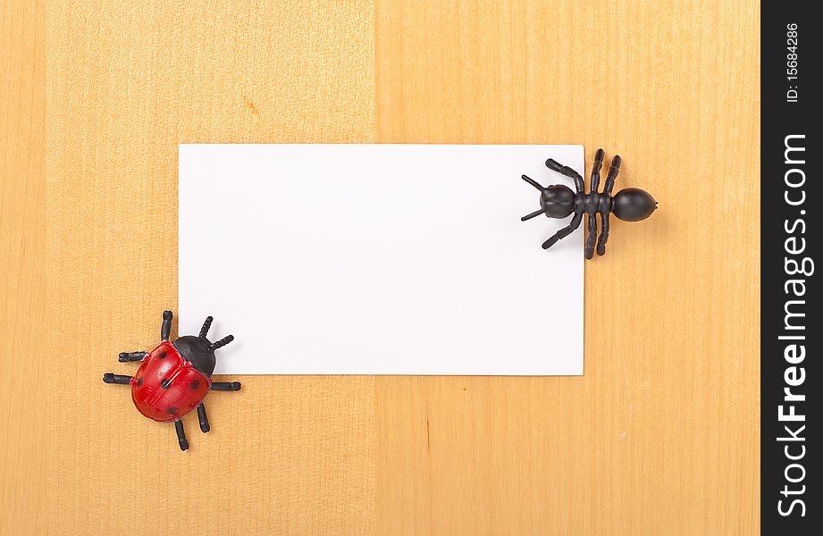 Blank Business Card with Toy Ant and Ladybug. Blank Business Card with Toy Ant and Ladybug