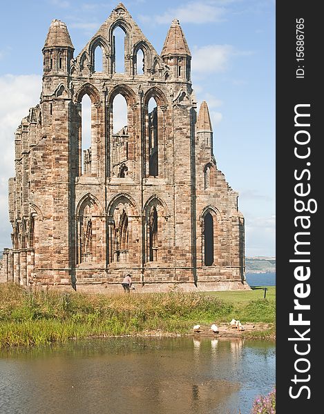An image of Whitby Abbey with white ducks at the edge of the lake and a woman reading the text on a plaque. An image of Whitby Abbey with white ducks at the edge of the lake and a woman reading the text on a plaque.