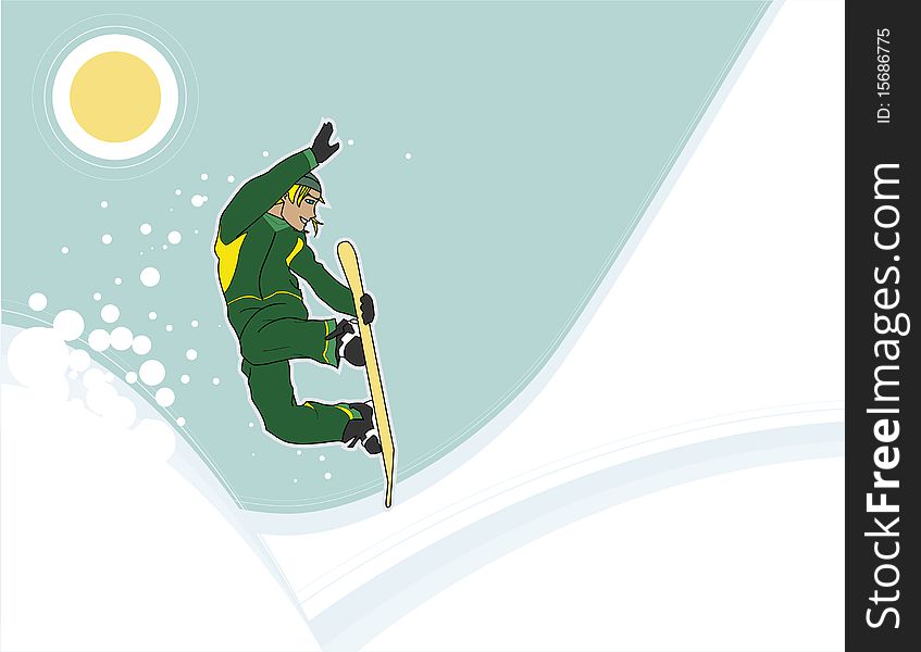 Male snowboarder mid-jump, over abstract background. Male snowboarder mid-jump, over abstract background.