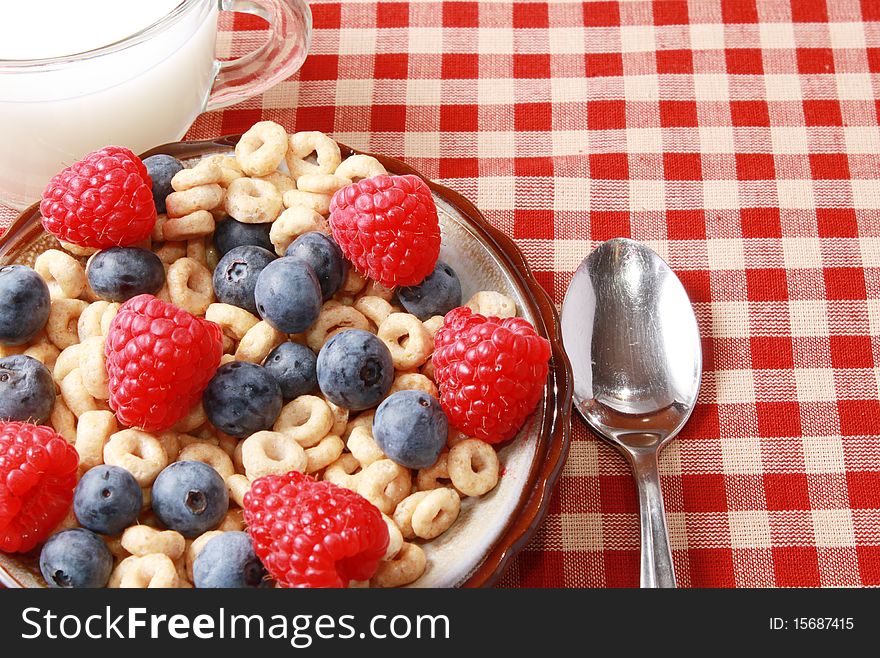 Breakfast cereal with berries and milk