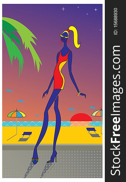 Vector stylized figure of a young girl's being on night beach by the sea. Vector stylized figure of a young girl's being on night beach by the sea.