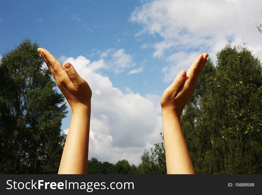 Woman's hands on the background sky