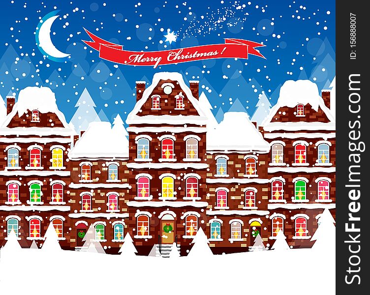 Christmas city street with houses and trees. Vector illustration background. Christmas city street with houses and trees. Vector illustration background