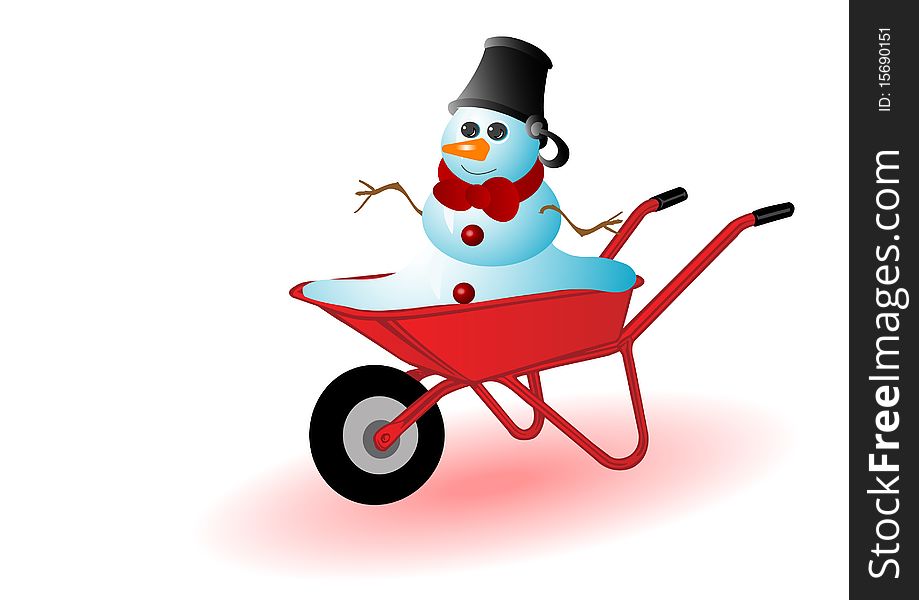 Vector illustration the snowman in a red wheelbarrow.